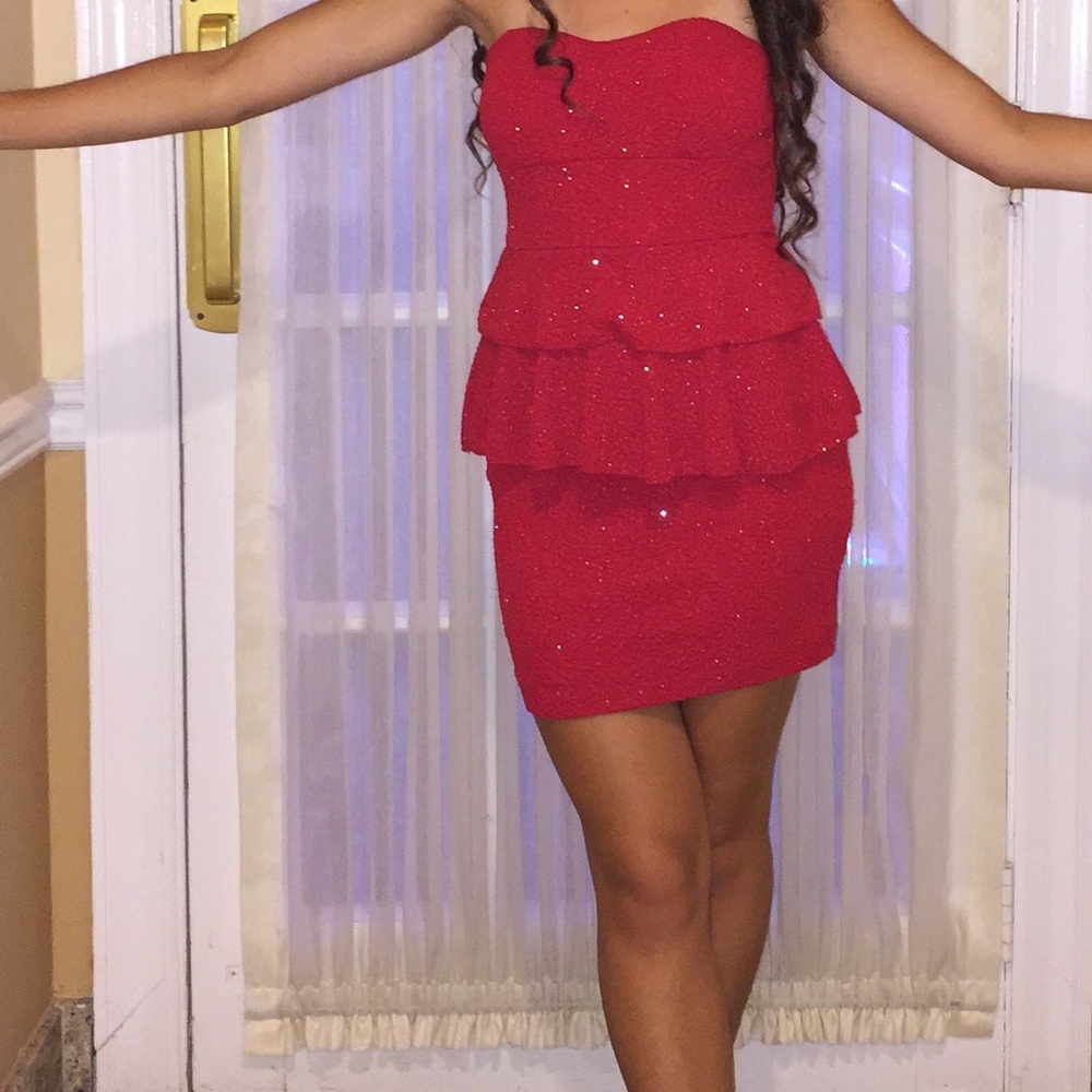 Red strapless Sparkle dress w/ ruffles